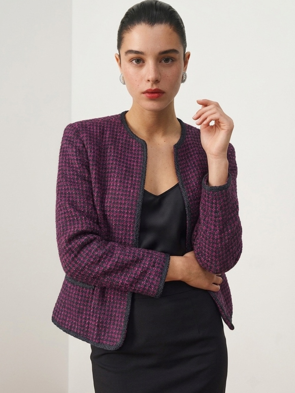 Vintage Evan-Picone Collarless Tweed Jacket Berry Pink Black Houndstooth Size 6